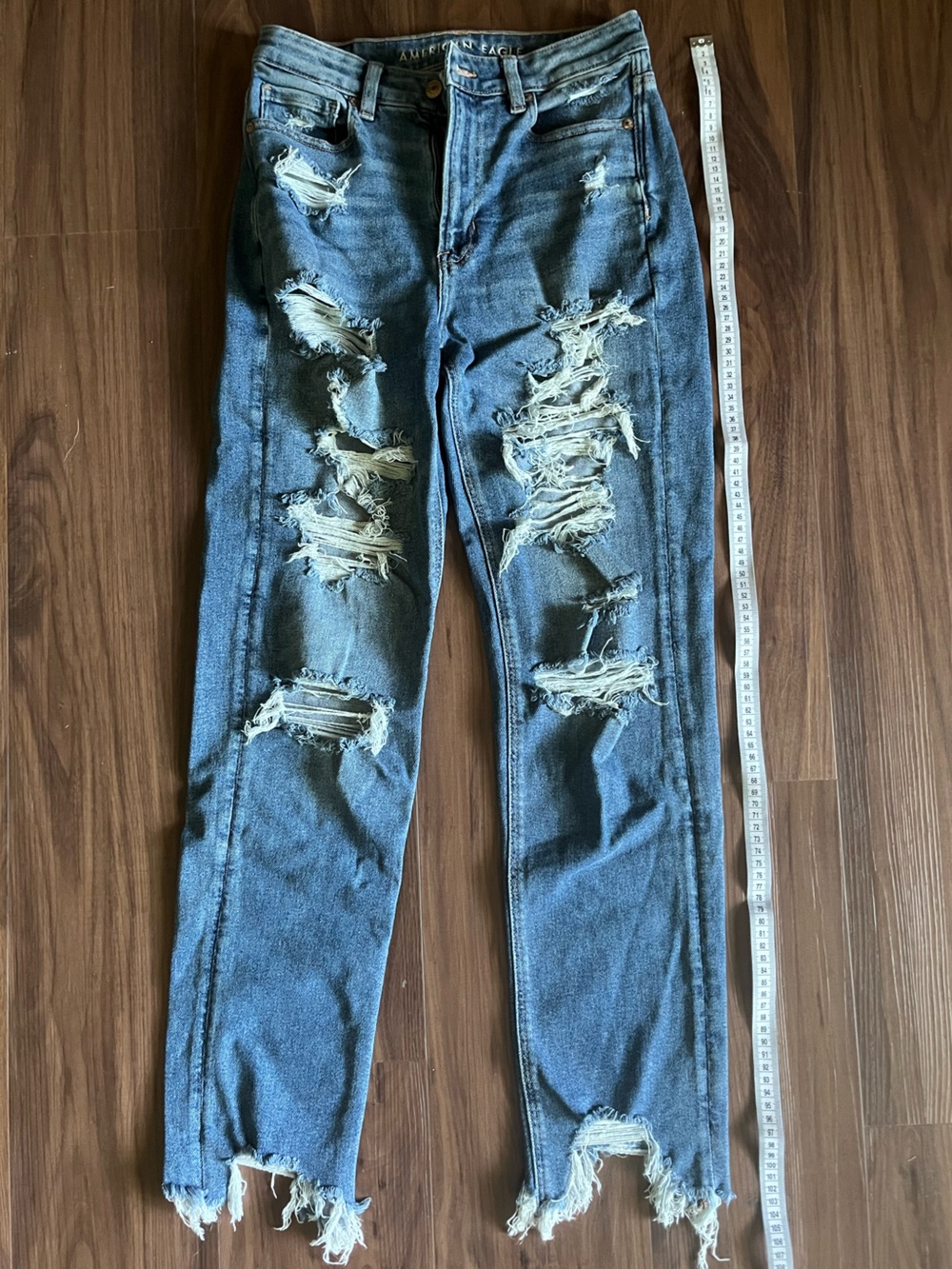 American Eagle Distressed Blue Mom Straight Leg Ripped Jeans - Casual Slim Fit